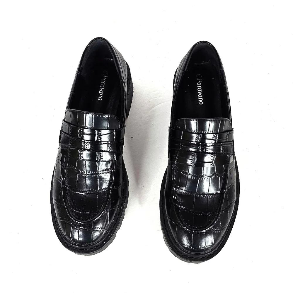 C. Paravano Faux Black Crocodile Pattern Loafers